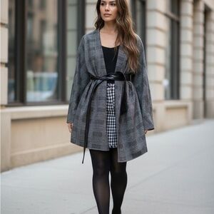 Gray Plaid Cardigan with Black Belt